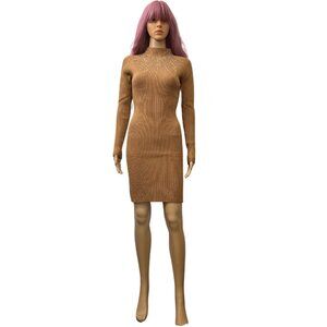Women’s Camel Brown Turtleneck Sweater Dress‎ with Bling – Cozy & Elegant